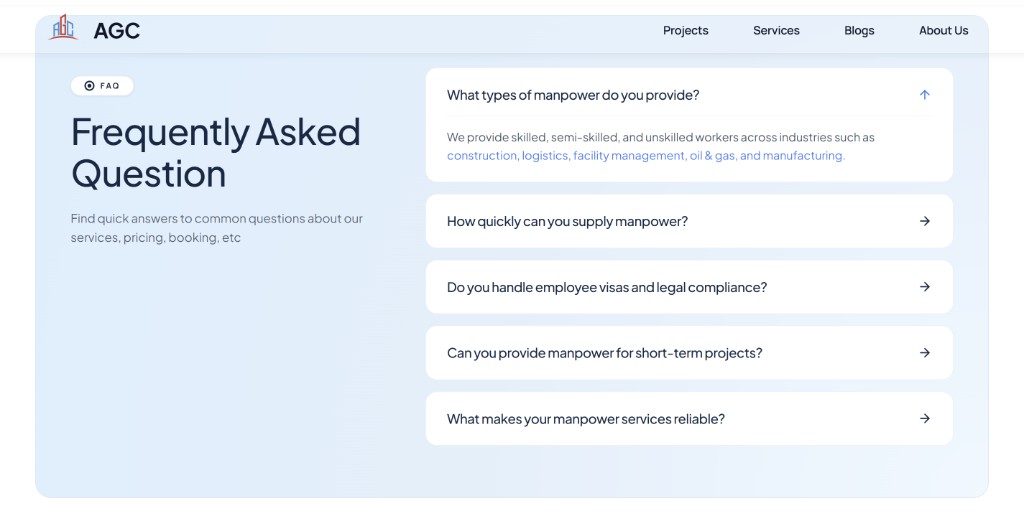 Frequently Asked Questions section with accordion items on the AGC site.