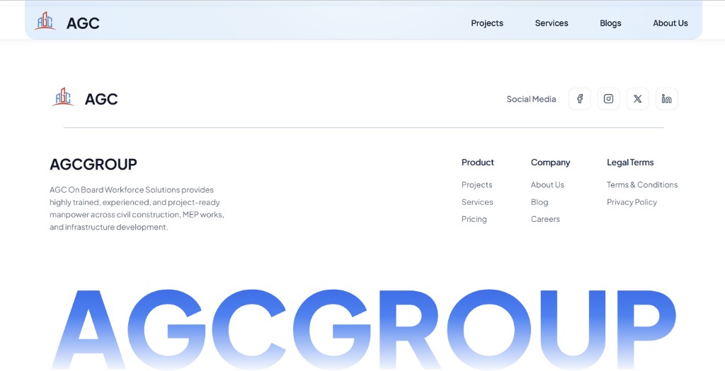 Site header, footer columns, and AGCGROUP wordmark treatment.